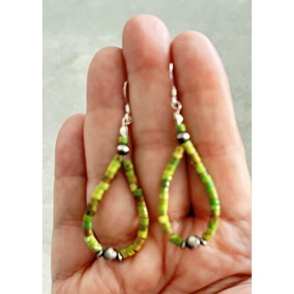 Handmade Navajo Earrings with Turquoise Heishi Beads & Silver Navajo Pendant - Picture 6 of 6